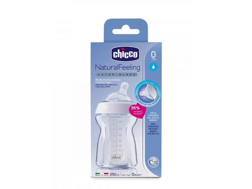 Chicco Natural Feeling Γυάλινο Μπιμπερό, 0m+, 250ml