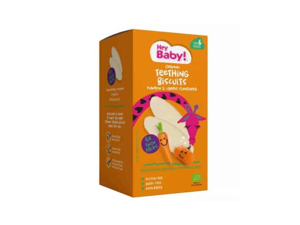 Hey Baby! Organic Teething Biscuits Pumpkin & Carrot Flavoured Βιολογικές Ρυζογκοφρέτες με Γεύση Κολοκύθα & Καρότο, 21g