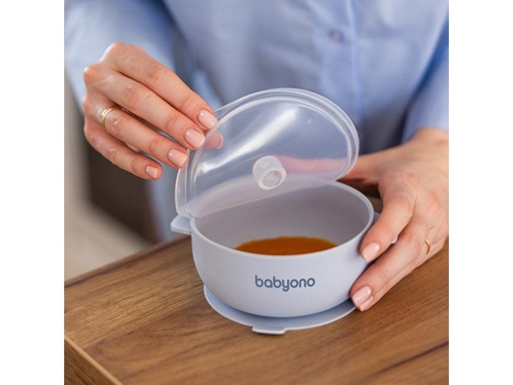 BabyOno: Μπολάκι σιλικόνης με λαβές, καπάκι & βάση με βεντούζα - Μπλε, 1τμχ