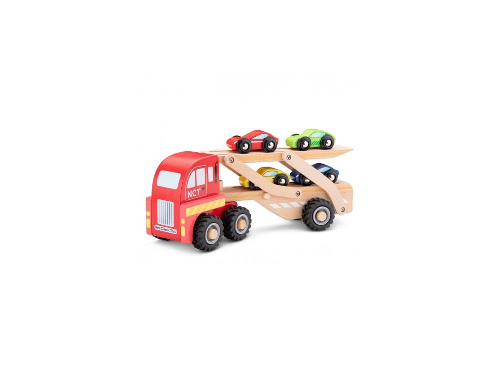 New Classic Toys Educational Car Transporter set, Ξύλινο Ρυμουλκόμενο με Αυτοκινητάκια 18m+, 1σετ