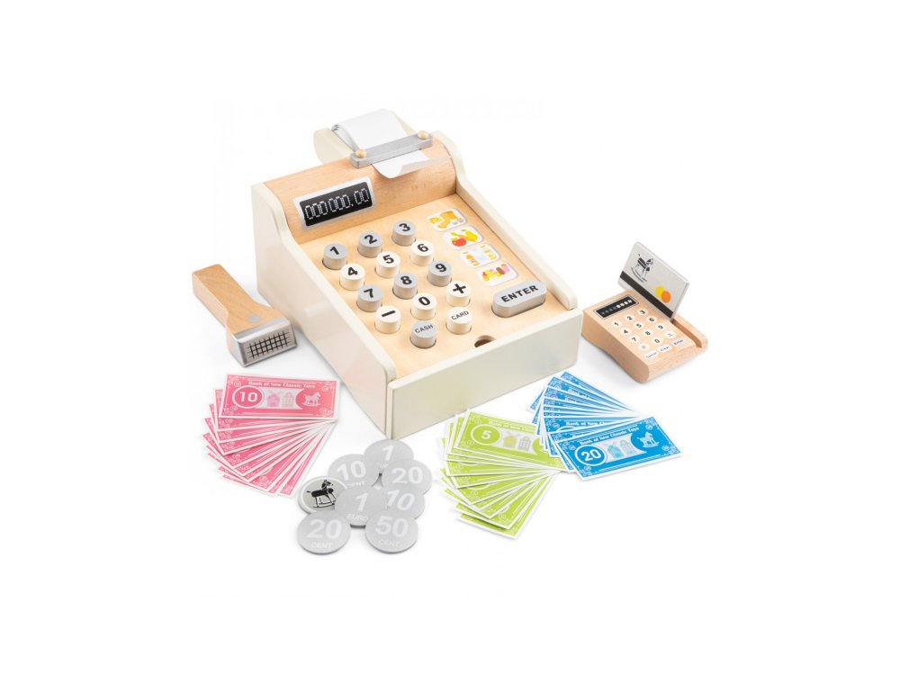 New Classic Toys Educational Cash Register set, Ξύλινη Ταμειακή μηχανή 36m+, 1σετ