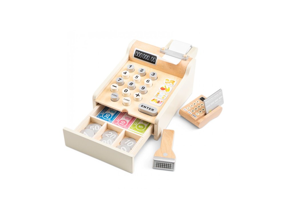 New Classic Toys Educational Cash Register set, Ξύλινη Ταμειακή μηχανή 36m+, 1σετ