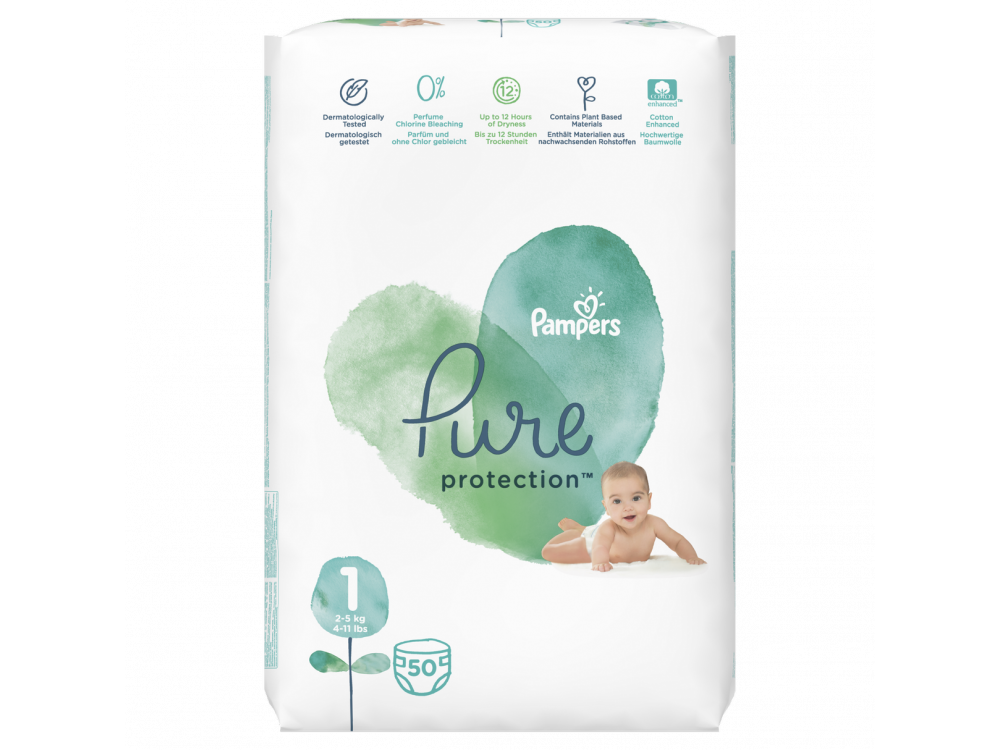 Pampers Pure Protection No.1 (2-5kg) Πάνες, 50τμχ