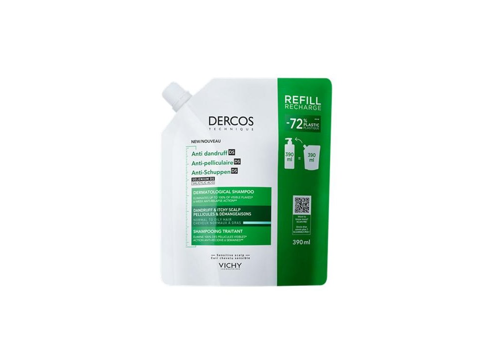 Vichy Dercos Dermatological Shampoo Refill, Αντιπυτιριδικό Σαμπουάν Κανονικά/Λιπαρά Μάλλια, 390ml