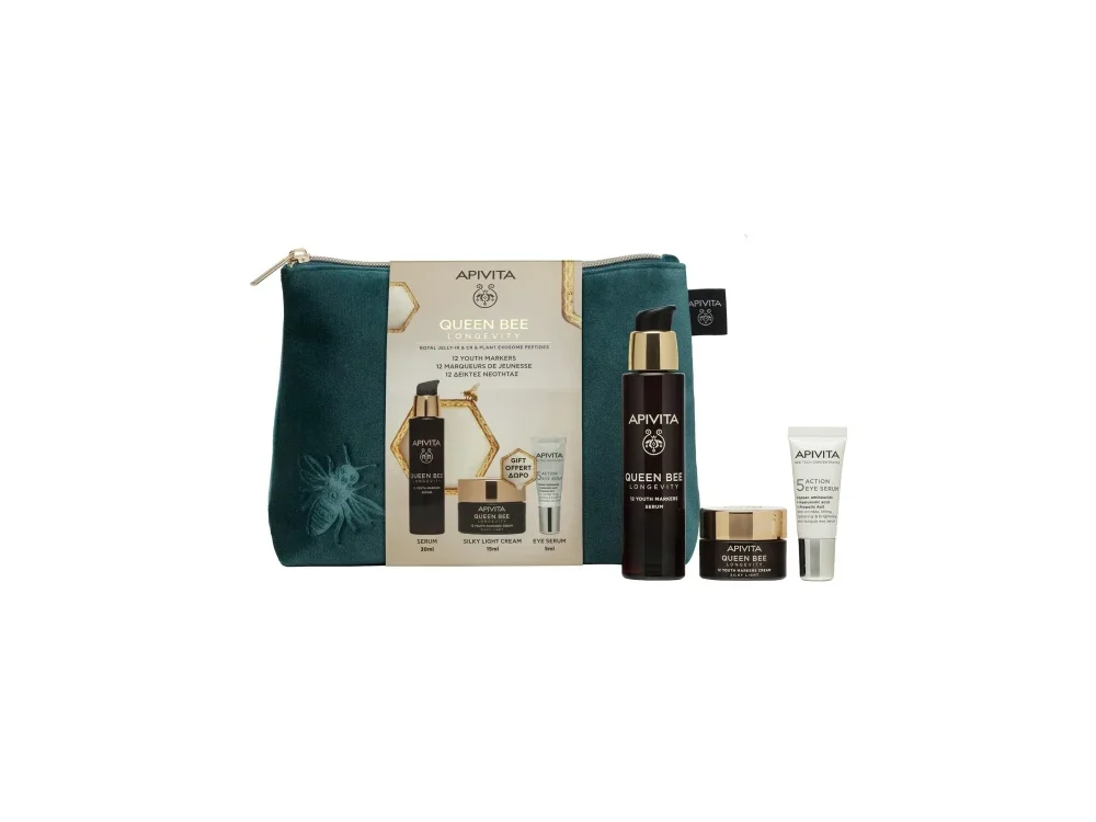 Apivita Promo Queen Bee Longevity Ορός Προσώπου 12 Δείκτες Νεότητας, 30ml & Queen Bee Longevity Ελαφριάς Υφής, 15ml & 5 Action Eye Serum, 5ml