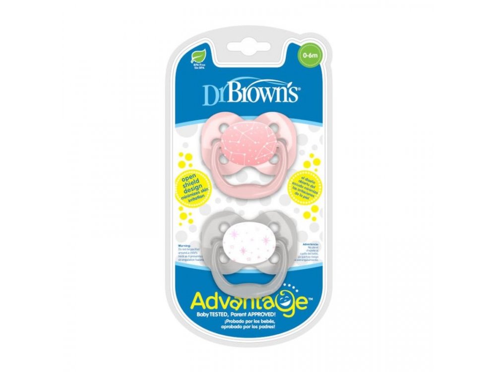 Dr. Brown's Πιπίλα Σιλικόνης Advantage, Επίπεδο 1, (0-6m), Ροζ-Κορίτσι, 2τμχ
