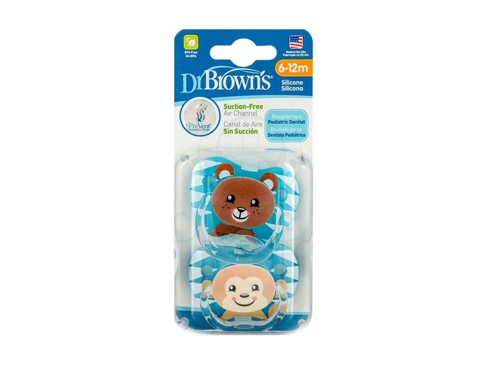 Dr. Brown's Ορθοδοντική Πιπίλα Σιλικόνης, (6-12m), Μπλέ-Ζωάκια, 2τμχ