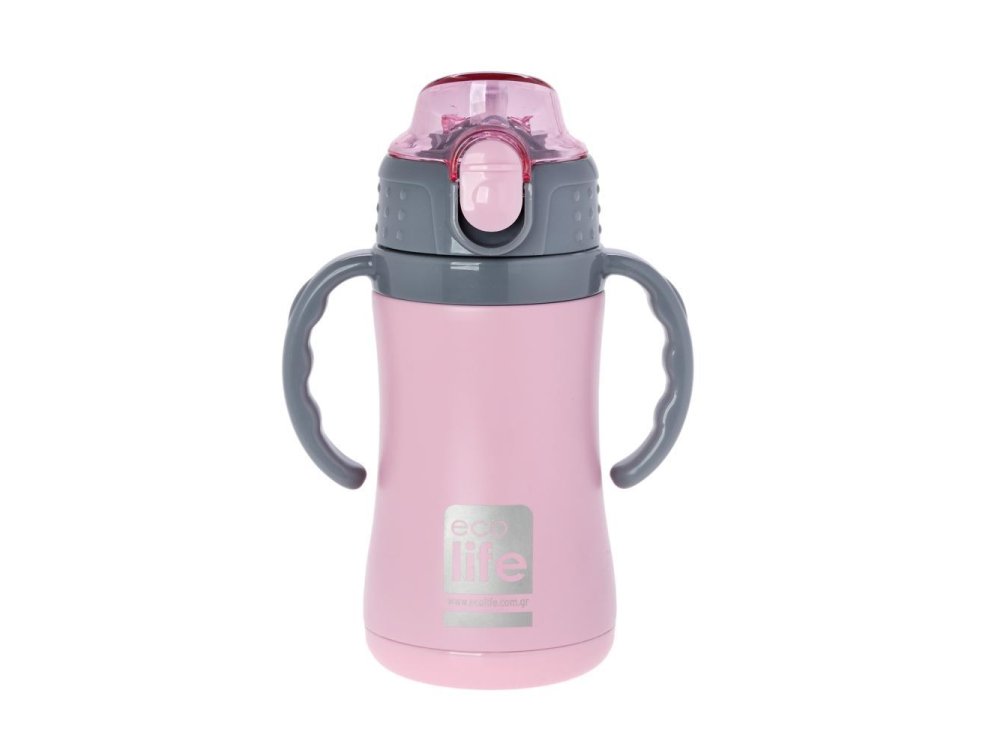 Eco Life Kids Thermos, Παγουράκι Θερμός Inox με Διπλό Τοίχωμα με Καλαμάκι, Χρώμα Pink, 300ml