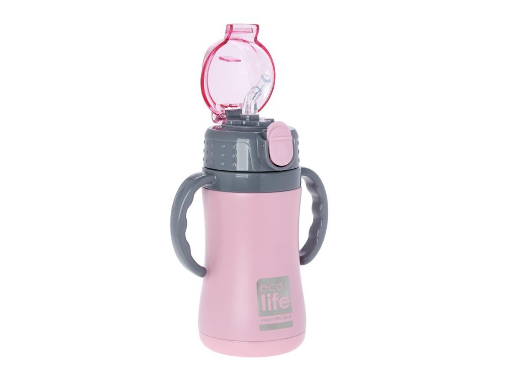 Eco Life Kids Thermos, Παγουράκι Θερμός Inox με Διπλό Τοίχωμα με Καλαμάκι, Χρώμα Pink, 300ml