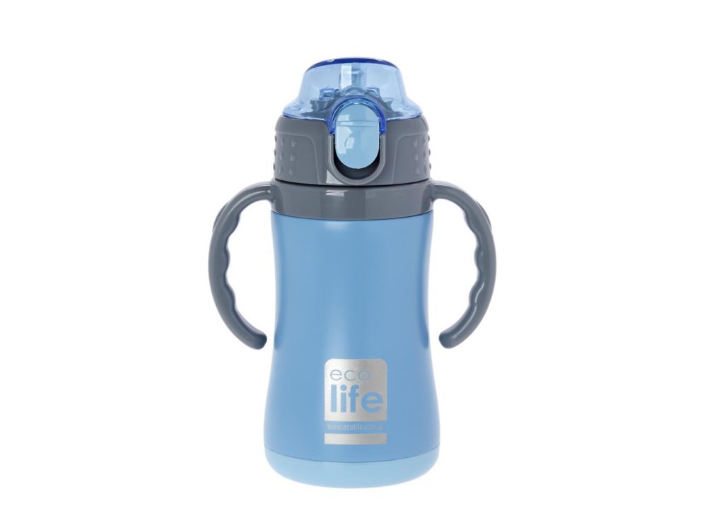 Eco Life Kids Thermos, Παγουράκι Θερμός Inox με Διπλό Τοίχωμα με Καλαμάκι, Χρώμα Μπλέ, 300ml