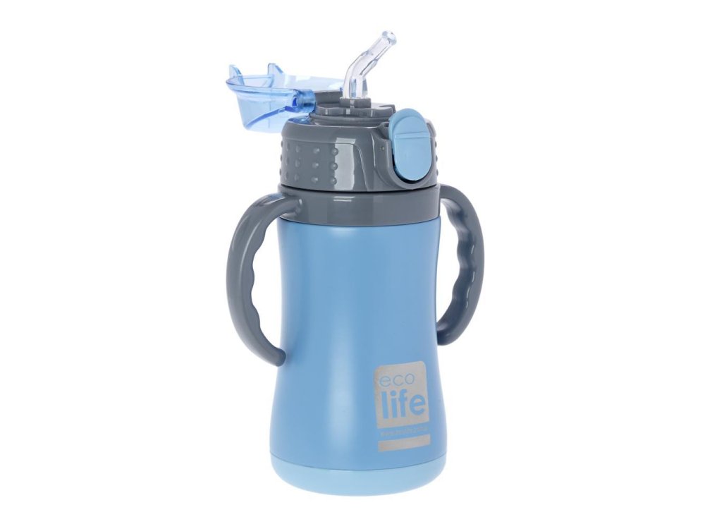 Eco Life Kids Thermos, Παγουράκι Θερμός Inox με Διπλό Τοίχωμα με Καλαμάκι, Χρώμα Μπλέ, 300ml