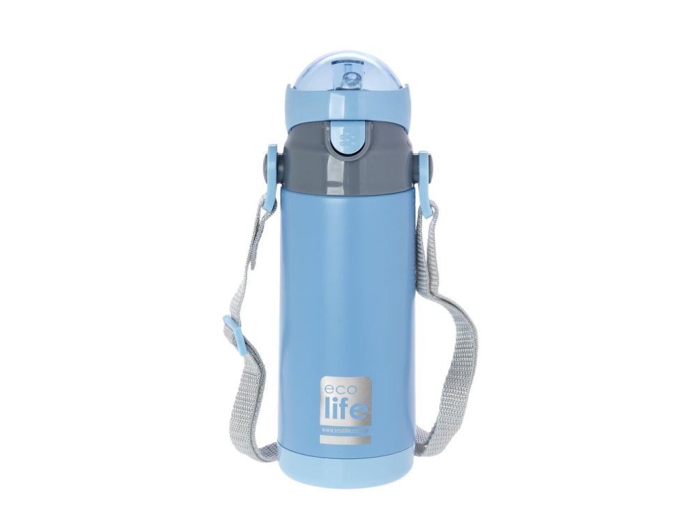 Eco Life Kids Thermos, Παγουράκι Θερμός Inox με Διπλό Τοίχωμα με Καλαμάκι, Χρώμα Μπλέ, 400ml