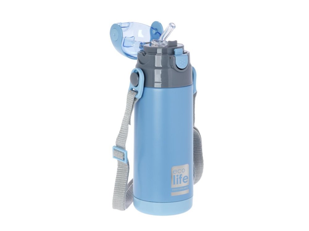 Eco Life Kids Thermos, Παγουράκι Θερμός Inox με Διπλό Τοίχωμα με Καλαμάκι, Χρώμα Μπλέ, 400ml