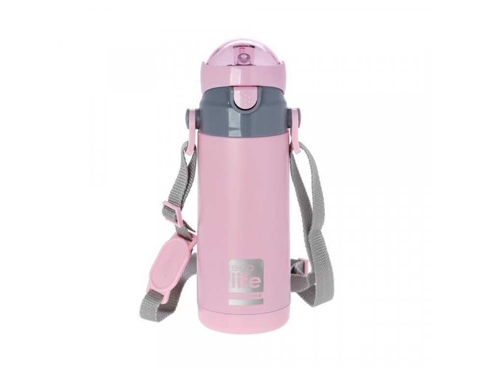 Eco Life Kids Thermos, Παγουράκι Θερμός Inox με Διπλό Τοίχωμα με Καλαμάκι, Χρώμα Ρόζ, 400ml