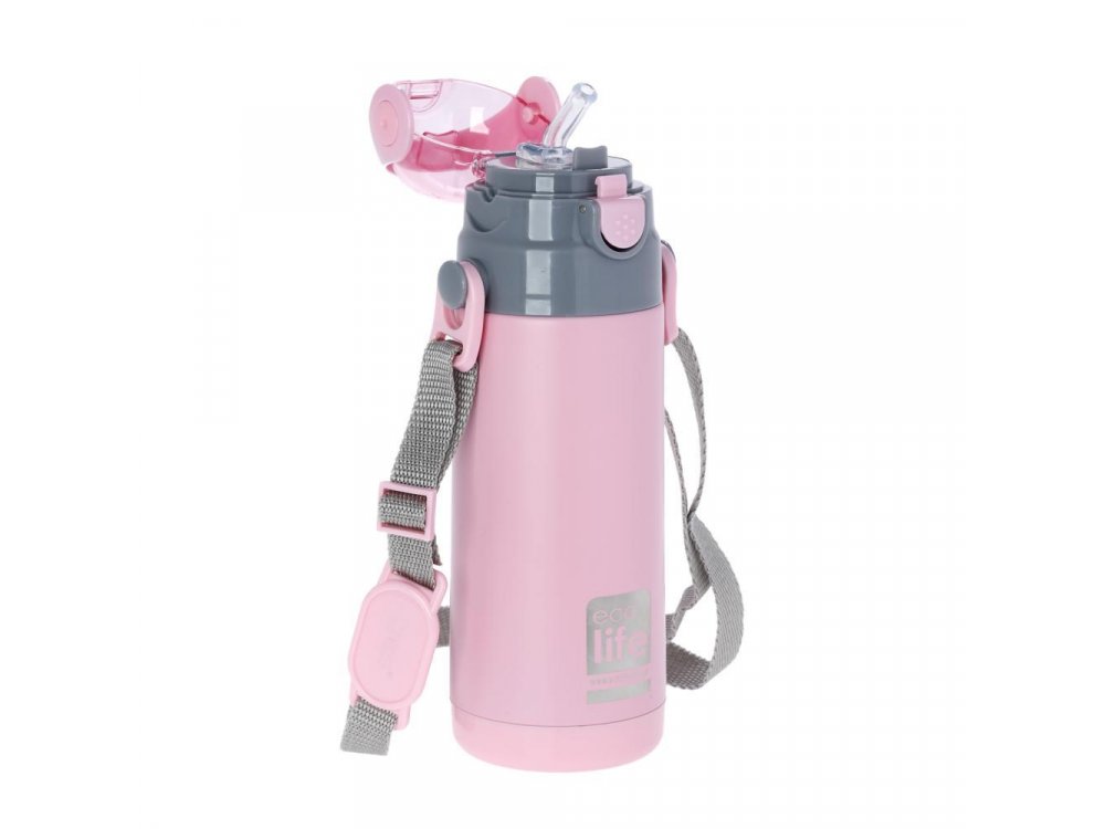 Eco Life Kids Thermos, Παγουράκι Θερμός Inox με Διπλό Τοίχωμα με Καλαμάκι, Χρώμα Ρόζ, 400ml