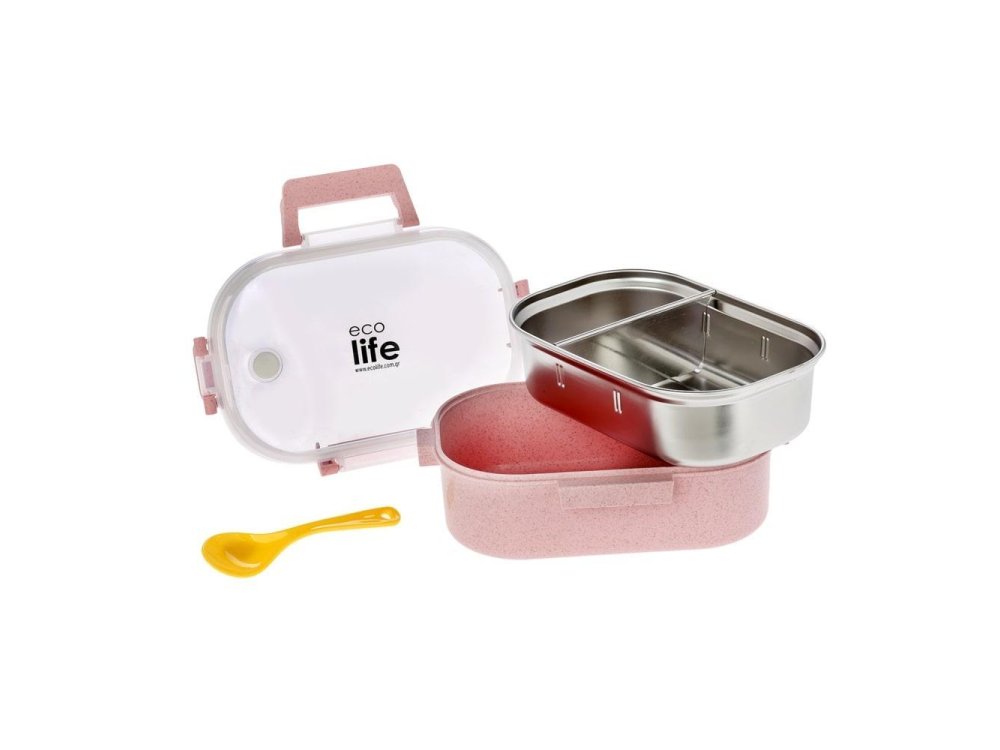 Eco Life Πλαστικό Φαγητοδοχείο με Αποσπώμενο Μπολάκι με Χώρισμα από Ανοξείδωτο Ατσάλι, Χρώμα Light Pink, 900ml