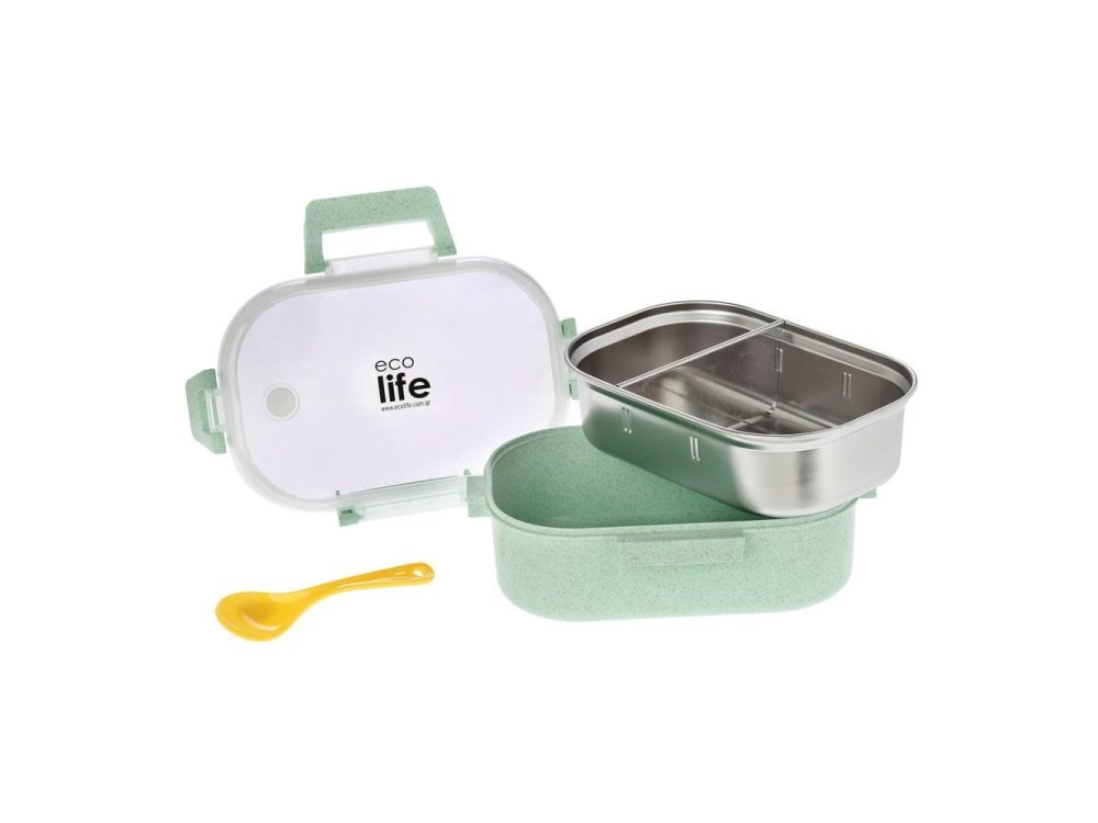 Eco Life Πλαστικό Φαγητοδοχείο με Αποσπώμενο Μπολάκι με Χώρισμα από Ανοξείδωτο Ατσάλι, Χρώμα Light Green, 900ml