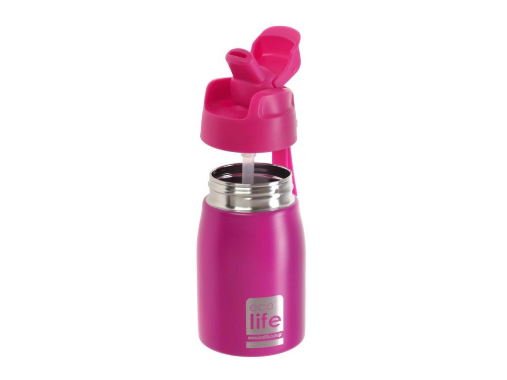 Eco Life Kids Bottle, Μεταλλικό Παγουράκι Με Καλαμάκι, Ροζ, 400ml