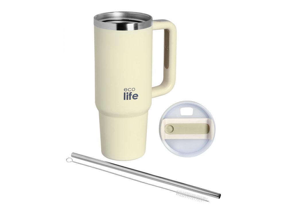 Eco Life Cream Eco Friendly, Ανοξείδωτο Ποτήρι Θερμός με Καλαμάκι, 900ml