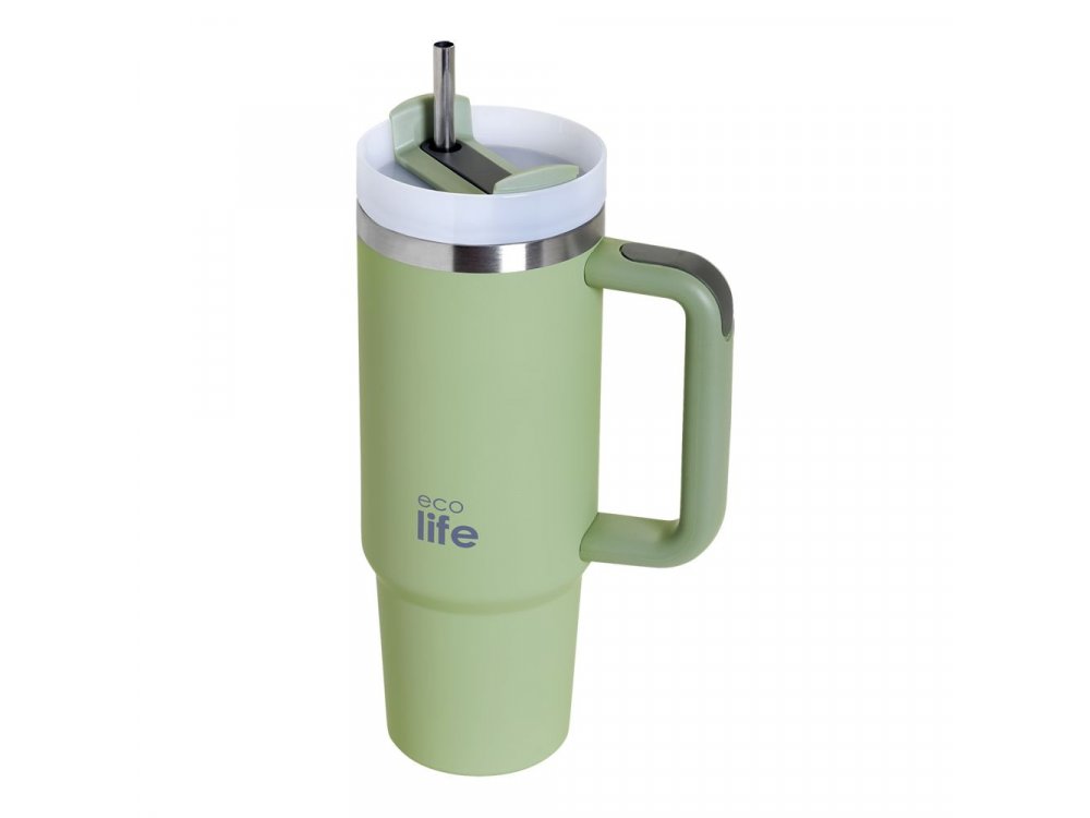 Eco Life Bay Leaf Eco Friendly, Ανοξείδωτο Ποτήρι Θερμός με Καλαμάκι, 900ml