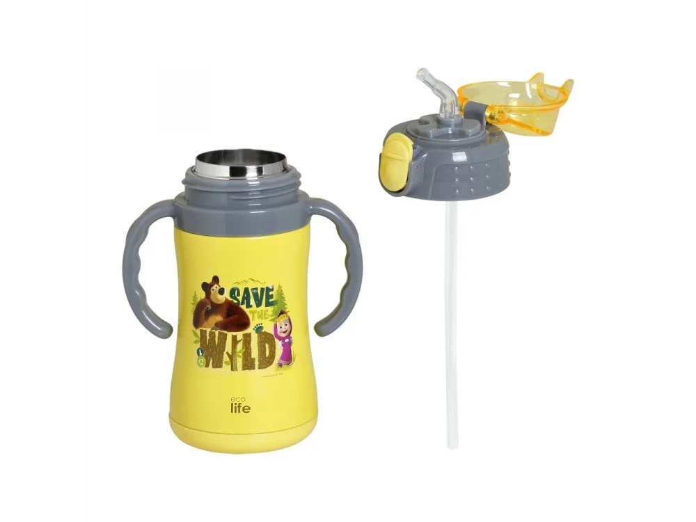 Ecolife Kids Thermos Masha-Save The Wild, Παγούρι Θερμός με Καλαμάκι Κίτρινο, 300ml
