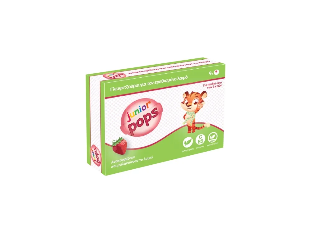 Bioearth Junior Pops, Γλειφιτζούρια Για Τον Ερεθισμένο Λαιμό Γεύση Φράουλα, 9τμχ