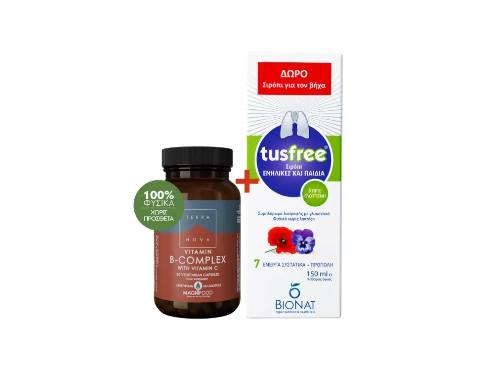 Terranova Promo Vitamin B-Complex With Vitamin C για το Νευρικό Σύστημα 50 Κάψουλες & Bionat Tusfree Φυτικό Σιρόπι για Ξηρό & Παραγωγικό Βήχα & Ενίσχυση Ανοσοποιητικού 150ml, 1 σετ