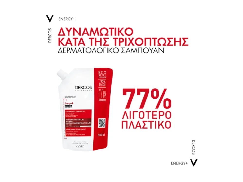 VIichy Dercos Energy+ Stimulating Shampoo Refill, Δυναμωτικό Σαμπουάν Κατά της Τριχόπτωσης, Ανταλλακτικό, 500ml