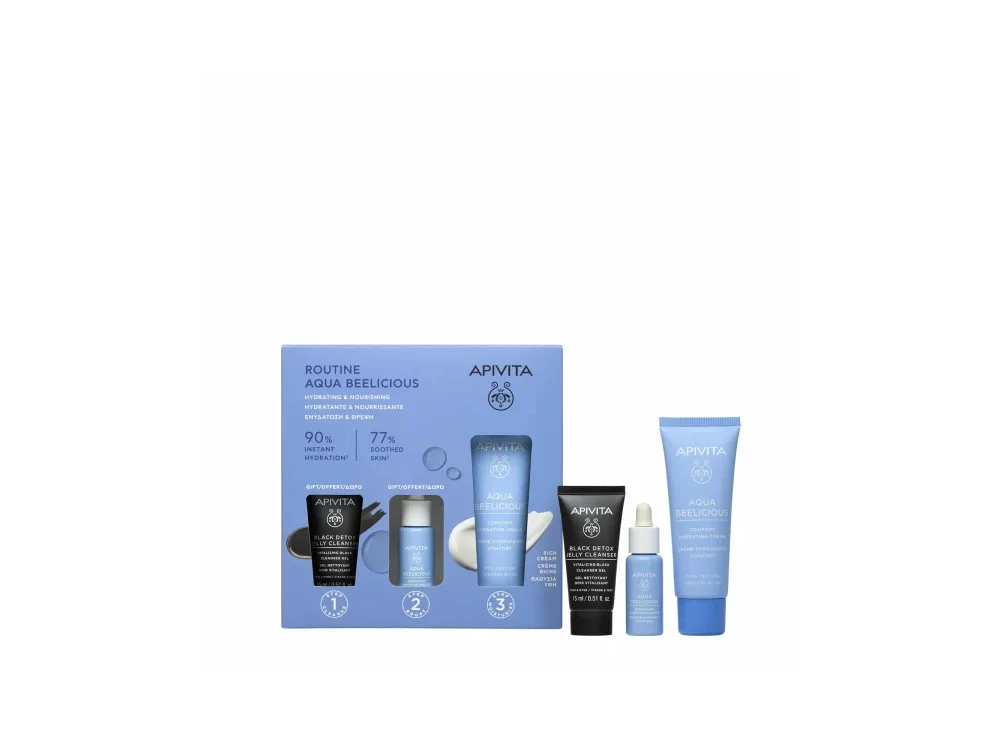 Apivita Promo Aqua Beelicious Rich Cream, 40ml & Booster, 10ml & Black Cleansing Gel, Απαλή Κρέμα Ενυδάτωσης Πλούσιας υφής  + ΔΩΡΟ  Μαύρο ζελ καθαρισμού σε ειδικό μέγεθος + ΔΩΡΟ Booster Αναζωογόνησης & Ενυδάτωσης σε ειδικό μέγεθος 15ml