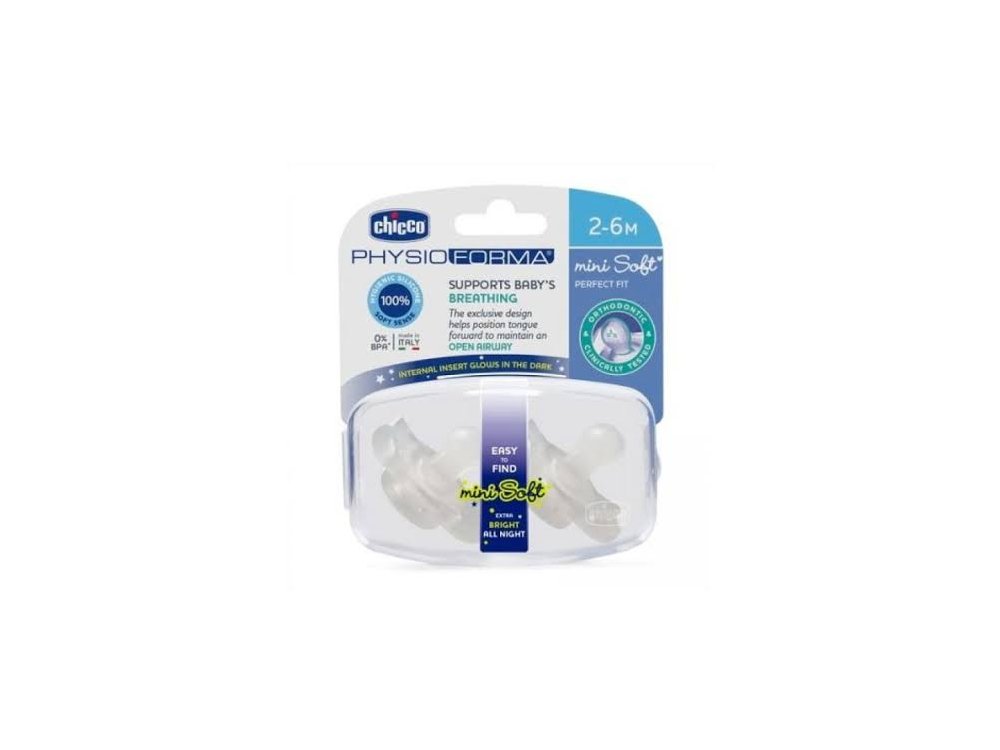 Chicco Mini Soft PhysioForma Extra Bright All Night Πιπίλα Σιλικόνης Που Φωσφορίζει 2-6m, 2τμχ