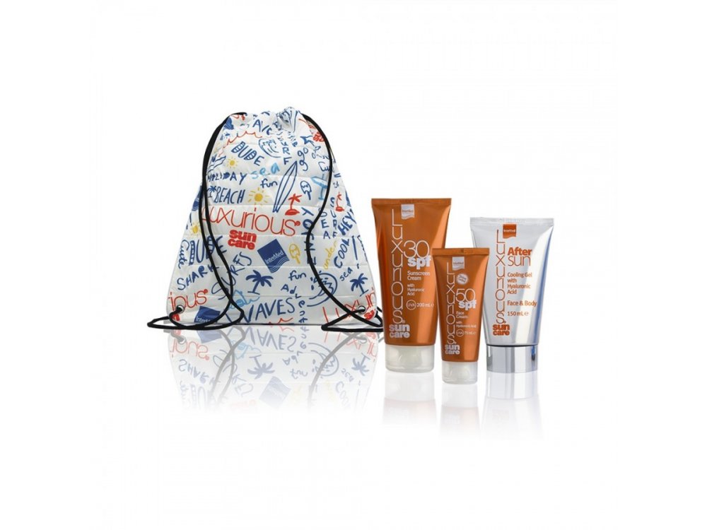 Intermed Luxurious Suncare Pack με Face Cream Αντηλιακή Κρέμα Προσώπου SPF50, 50ml & Sunscreen Body Cream Αντηλιακή Κρέμα Σώματος SPF30, 200ml & After Sun Cooling Gel Face & Body Κρέμα Προσώπου & Σώματος, 150ml & White Summer Backpack, 1τμχ