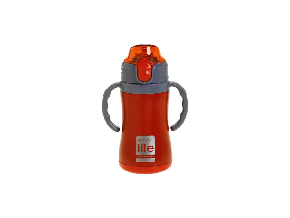 Eco Life Kids Thermos, Παγουράκι Θερμός Inox με Διπλό Τοίχωμα με Καλαμάκι, Χρώμα Κόκκινο, 300ml