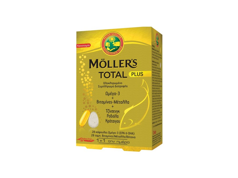 Moller's Total Plus, Συμπλήρωμα Διατροφής με Ωμέγα 3, Βιταμίνες, Μέταλλα & 3 Καταξιωμένα Βότανα - Για Ολοκληρωμένη Τόνωση του Οργανισμού, 28+28caps