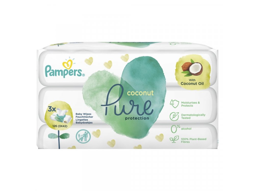 Pampers Coconut Pure Wipes Ενυδατικά Μωρομάντηλα με Έλαιο Καρύδας, 3x42 (126τμχ)