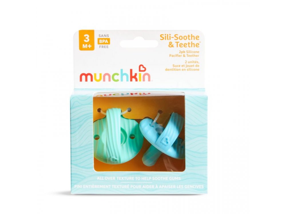 Munchkin Sili-Soothe & Teeth 3m+, Πιπίλα-Μασητικό Σιλικόνης σε Μπλε & Πράσινο Χρώμα, 2τμχ