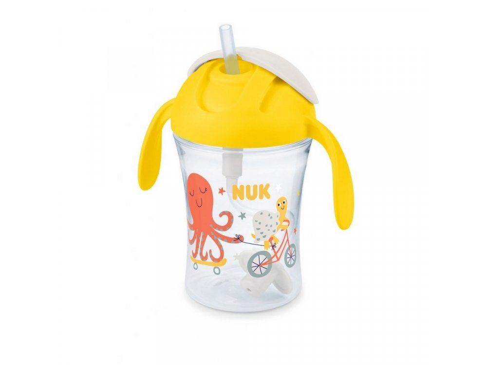 NUK Motion Cup, Παιδικό Ποτηράκι με Λαβές και Καλαμάκι σε Κίτρινο ή Πράσινο Χρώμα για 8m+, 230ml