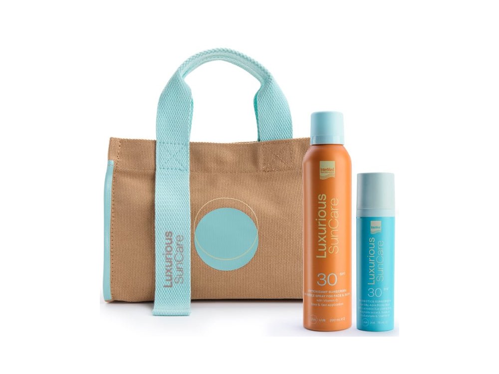 Intermed Promo Pack με Luxurious Sun Care Αντηλιακό Γαλάκτωμα Προσώπου με Προβιοτικά για Λιπαρές Επιδερμίδες SPF 30, 50ml, Antioxidant Sunscreen Invisible Αντηλιακό Spray για Πρόσωπο & Σώμα SPF 30, 200ml & Δώρο Τσάντα Θαλάσσης, 1τεμ, 1σετ