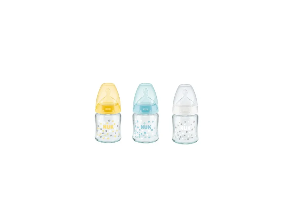 Nuk First Choice, Γυάλινο Μπιμπερό με Δείκτη θερμοκρασίας Ελέγχου για 0-6m+ με Θηλή Σιλικόνης, 120ml