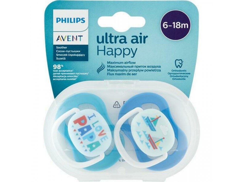 Philips Avent Ultra Air Happy SCF080/03, Πιπίλα Σιλικόνης 6-18m Γαλάζιο Χρώμα, 2τεμ