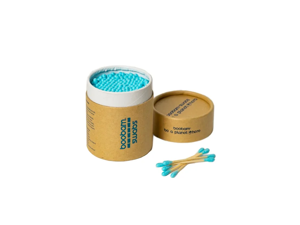 Boobam Swabs, 100% Βιοδιασπώμενες Μπατονέτες απο Ξύλο Bamboo, Γαλάζιο, 200τμχ