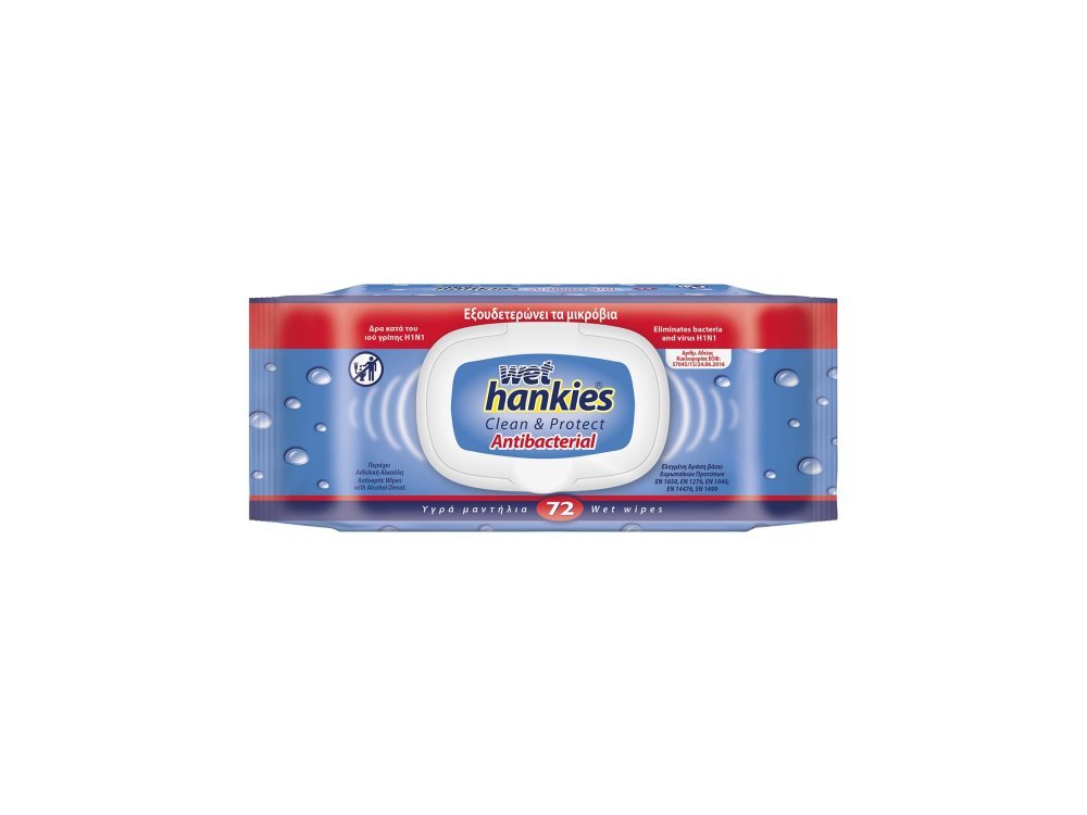 Wet Hankies Clean & Protect Antibacterial, Αντιβακτηριδιακά Μαντηλάκια με Αιθυλική Αλκοόλη, 72τμχ (1+1 Δωρο)