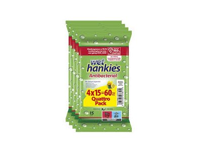 Wet Hankies Clean & Protect Antibacterial Lemon, Αντιβακτηριδιακά Μαντηλάκια Χεριών, (4x15τεμ) 60τεμ