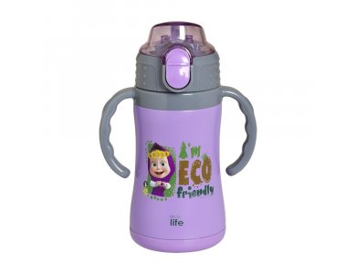 Ecolife Kids Thermos Masha-Eco Friendly, Ανοξείδωτο Παγούρι Θερμός με Καλαμάκι Λιλά, 300ml