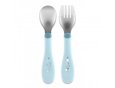 Chicco Σετ Πιρούνι-Κουτάλι Μεταλλικό για 18m+ Natural Σιέλ