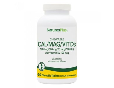 Natures Plus Cal/Mag/Vit D3 1200mg/600mg/25mcg (1000 IU) with Vitamin K2 100mcg Chocolate, Βιταμίνη ασβέστιο, μαγνήσιο, D3 και Κ2, 60chew.tabs