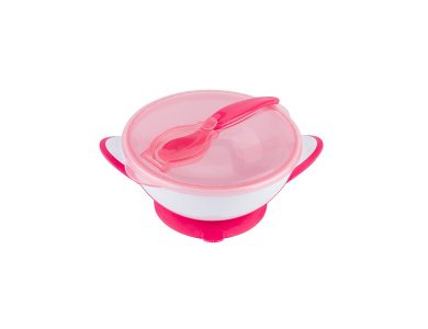 BabyOno Suction Bowl - Spoon, Τάπερ αποθήκευσης και μεταφοράς με κουτάλι, Ρόζ