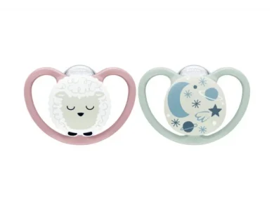 Nuk Space Night, Πιπίλες Σιλικόνης Νυκτός με Θήκη Ροζ - Βεραμάν για 0-6m 2τμχ