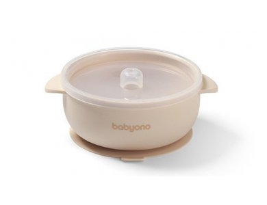 BabyOno: Μπολάκι σιλικόνης με λαβές, καπάκι & βάση με βεντούζα - Μπεζ, 1τμχ