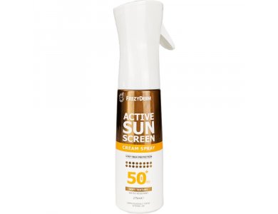 FREZYDERM Active Spf50+ Sunscreen Cream Spray, Αντηλιακό Σπρέι Πολύ Υψηλής Προστασίας σε Μορφή Απαλής Κρέμας για Χρυσαφένιο Μαύρισμα -275ml