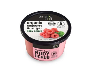 Organic Shop Body scrub Raspberry Cream, Scrub σώματος Βατόμουρου και Ζάχαρη, 250ml